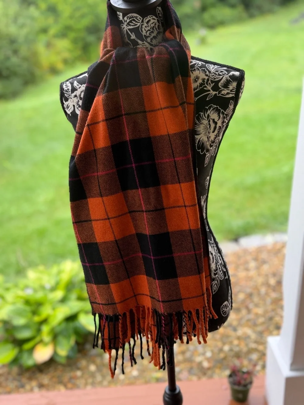 NAF NAF Oversized Plaid Scarf Wrap Orange Black Pink Fringe Unisex